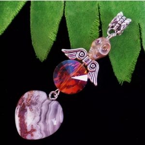 New Heart Shaped Mexican Crazy Lace Agate and Skull Silver Wings Pendant.